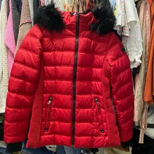 Nautica Red Jacket with Black Trim, faux fir color and detachable hood